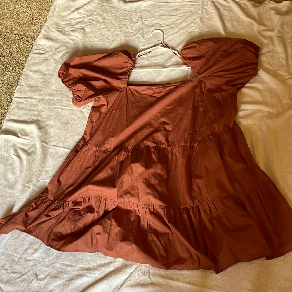 H&M Burnt Orange Tiered Puff Sleeve Mini Dress